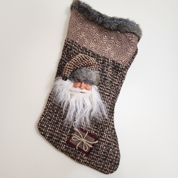 3D Santa Claus Sculpture Christmas Stocking Tweed Fur Trim - Picture 2 of 7